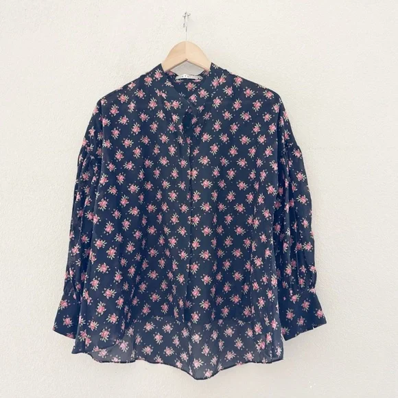 Alice + Olivia Paulita Top Med Black Pink Floral Cotton Silk Designer Feminine - Picture 5 of 12